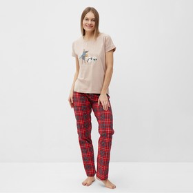 Комплект женский домашний (футболка, брюки), цвет бежевый/красный, размер 44