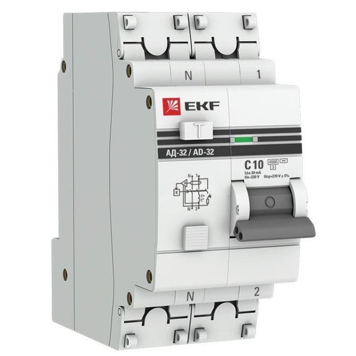Выключатель автоматический дифференциального тока 2п (1P+N) C 10А 30мА тип AC 4.5кА АД-32 защита 270В электрон. PROxima EKF DA32-10-30-pro - Фото 1