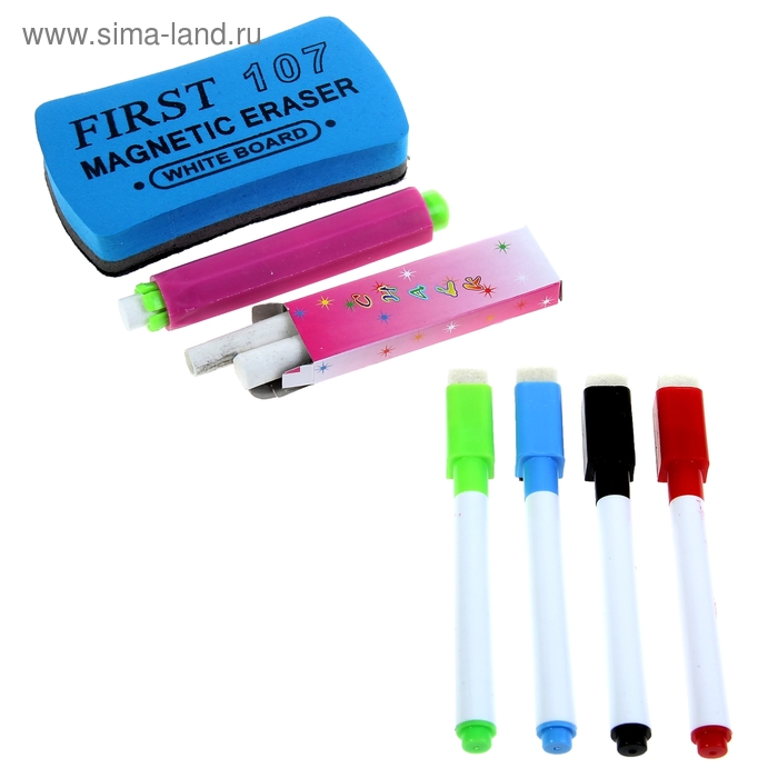 Маркеры цветные на водной основе со стиралкой 4 шт., мел 2 шт., держатель для мела, стиралка - Фото 1