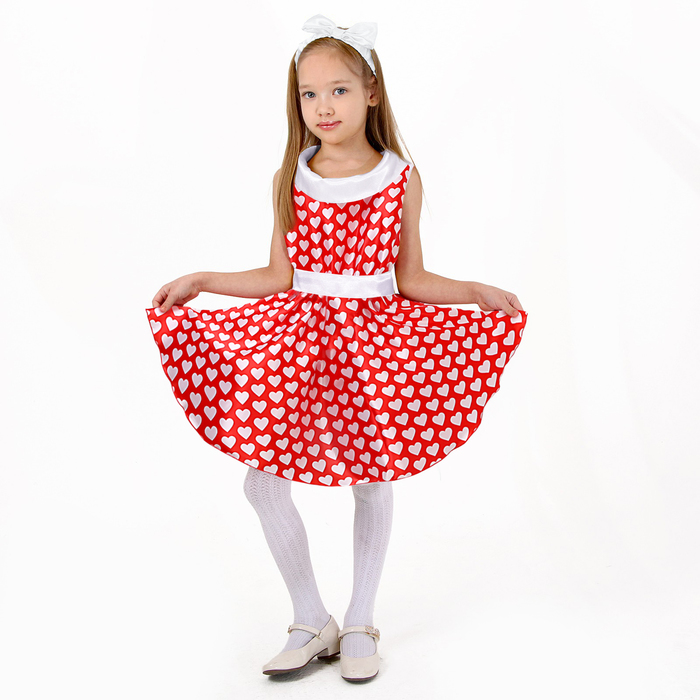 Карнавальный костюм «Стиляги» платье красное с белыми сердцами, повязка р-р 34 рост 134 см - фото 1910849080