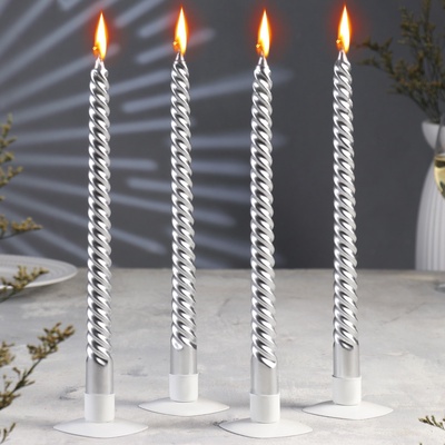Набор свечей витых, 2.2×30 см, 4 шт., серебряный металлик