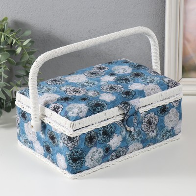 Шкатулка для рукоделия и шитья «Чёрно-белые цветы на голубом», хранение ниток, иголок, мелочи, 24×16×11 см