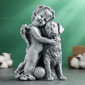 Фигура "Ангелочек с собакой" серый камень, 12х10х17см