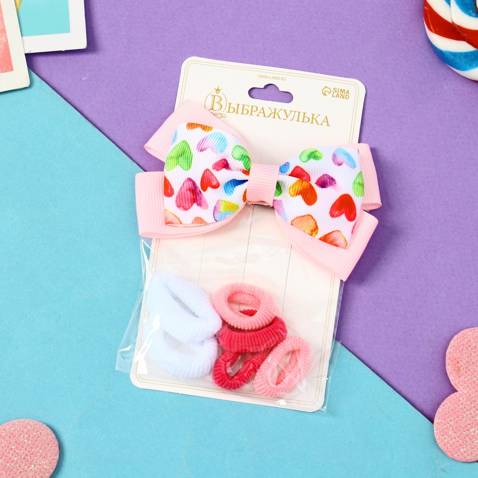 Набор для волос "Сьюзи" (зажим 8 см, 6 резинок 2,5 см) сердца, микс ...