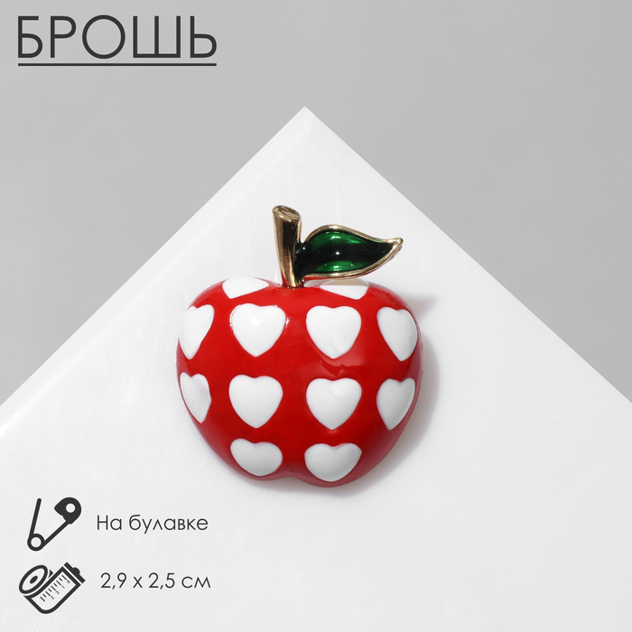 Брошь «Яблоко» с сердечками, цветная в золоте - Фото 1