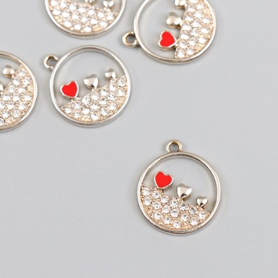 Металлический элемент, декоративная подвеска « Арт узор. Три сердца в круге», стразы, серебро, 0.2×1.8×2.1 см