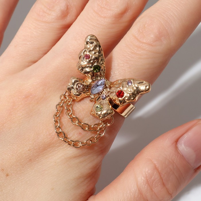 Кольцо «Бабочка» с цепочкой, цветное в золоте, безразмерное - фото 1909377916