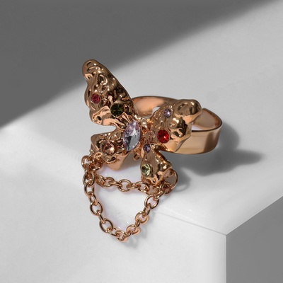 Кольцо «Бабочка» с цепочкой, цветное в золоте, безразмерное