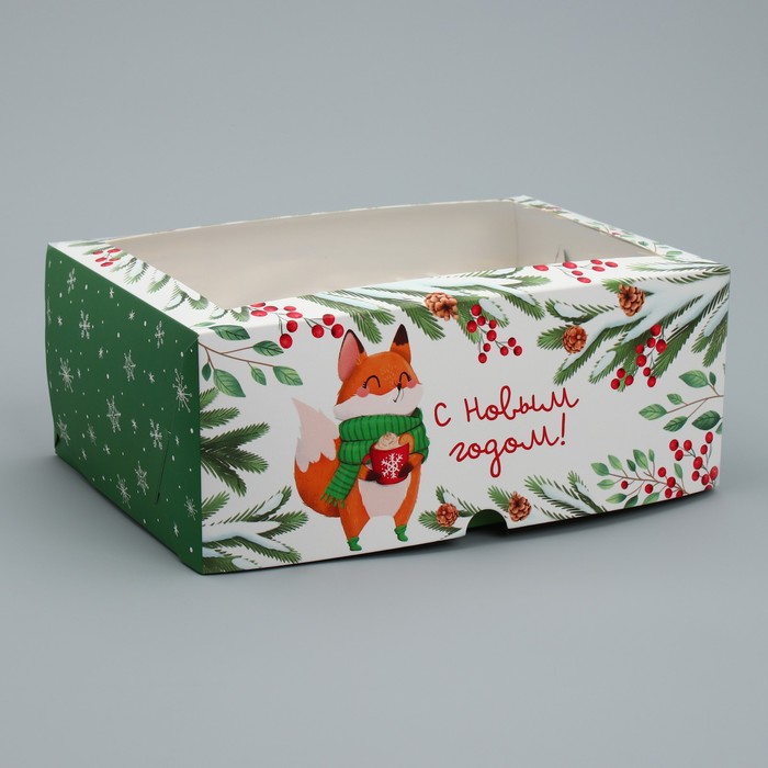 Коробка складная на 6 капкейков с окном «С Новым годом!», лисичка, 25 х 17 х 10 см - Фото 1