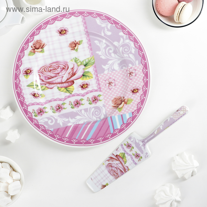 Блюдо для торта 27 см "Розовая каемочка", с лопаткой - Фото 1