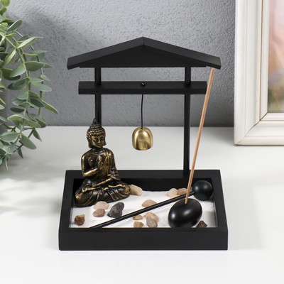 Японский сад камней настольный «Дзен. Будда у храма», с подставкой для благовоний, набор аксессуаров, 15.5×13×15 см