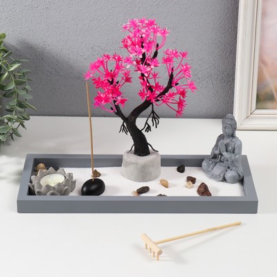 Японский сад камней настольный «Дзен. Будда медитирует у сакуры», со свечой, набор аксессуаров, 32×13×22 см