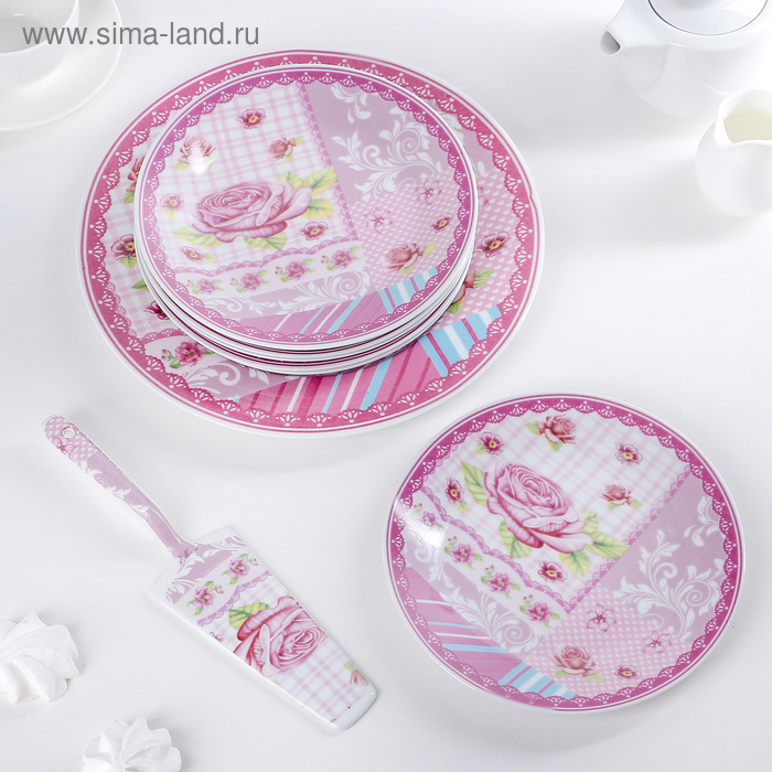 Набор для торта 8 предметов "Розовая каемочка" (блюдо d 27 см, тарелки d 19 см) - Фото 1