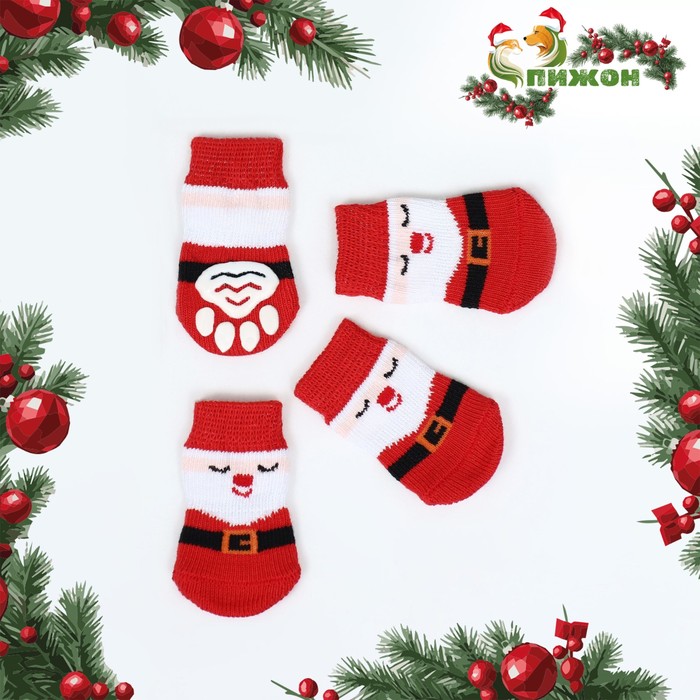 Носки нескользящие для животных «Дед Мороз», размер S (2.5/3.5×6 см), набор 4 шт. - Фото 1