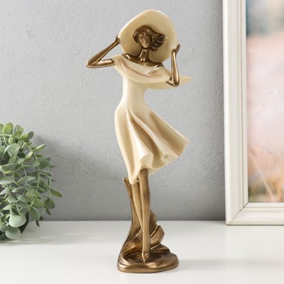 Фигура полистоун «Девушка в широкополой шляпе. Ветер», песочная с бронзой, 12.5×9.5×31 см