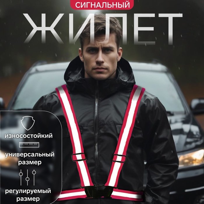 Светоотражающий ремень TORSO, с лямками, регулируемый размер, красный - Фото 1