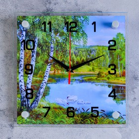 Часы настенные: Природа, "Озеро", бесшумные, 25 х 25 см, стекло