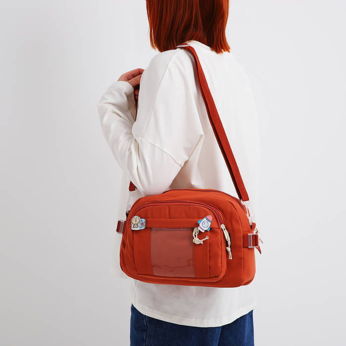 Сумка молодёжная на молнии, со значками, 23×5.5×16 см, рыжая - Фото 1