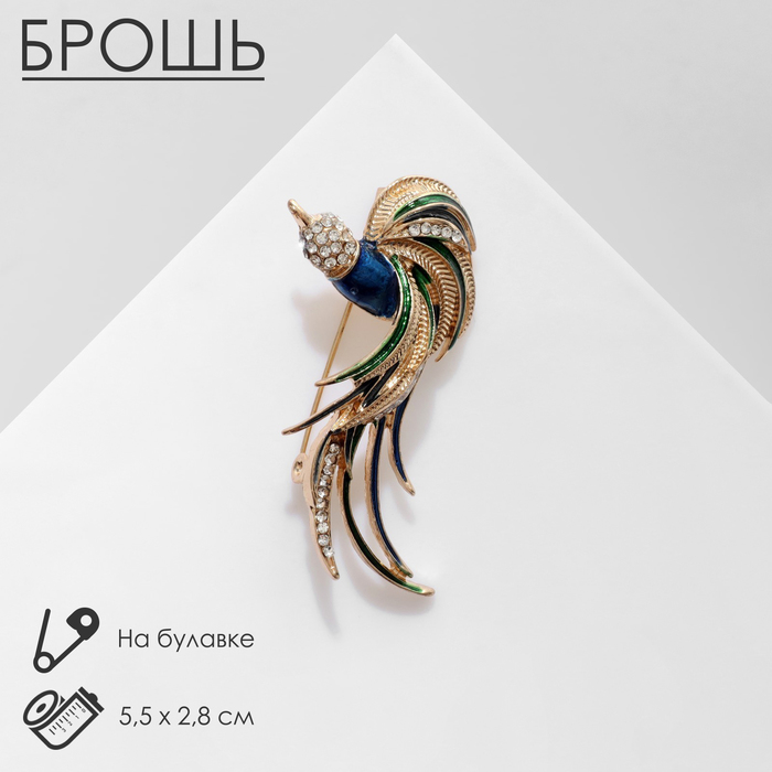 Брошь «Птица» с пушистым хвостом, цветная в золоте - Фото 1