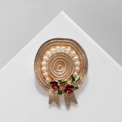 Брошь «Шляпка» с цветами, цветная в золоте