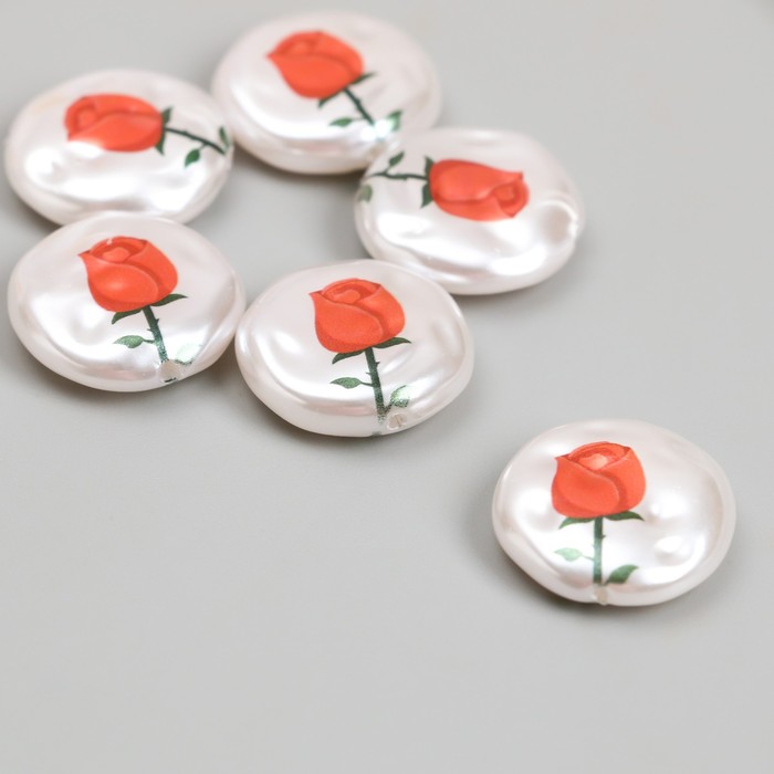 Бусина для творчества пластик "Жемчужный плоский круг с розой" 0,5х1,6х1,6 см - Фото 1