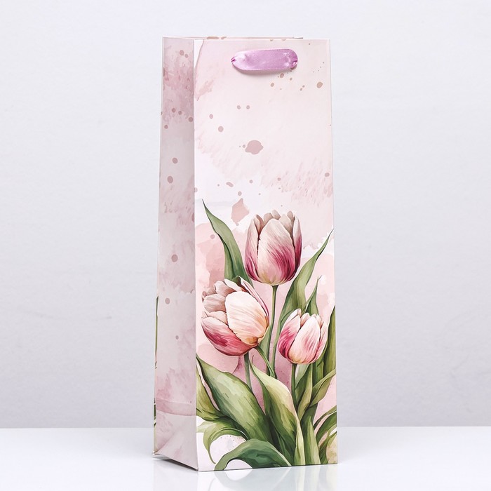 Пакет ламинированный под бутылку "Тюльпаны",13 х 36 х 10 см - Фото 1