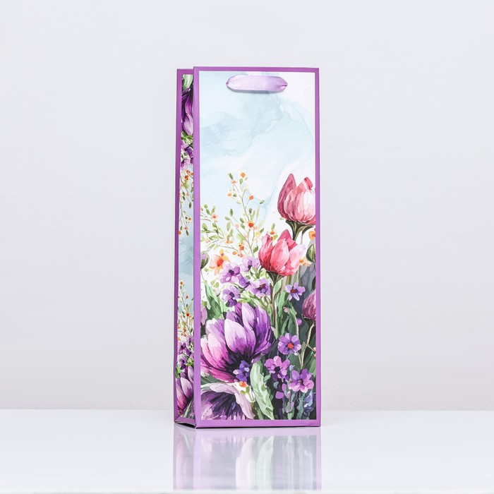 Пакет ламинированный под бутылку "Акварельные цветы",13 х 36 х 10 см - Фото 1
