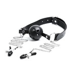 Кляп БДСМ с зажимами для сосков, кожа, металл, черный - Фото 9