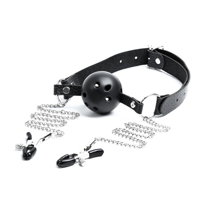 Кляп БДСМ с зажимами для сосков, кожа, металл, черный - Фото 1