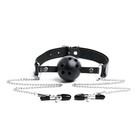 Кляп БДСМ с зажимами для сосков, кожа, металл, черный - Фото 2