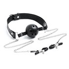 Кляп БДСМ с зажимами для сосков, кожа, металл, черный - Фото 3