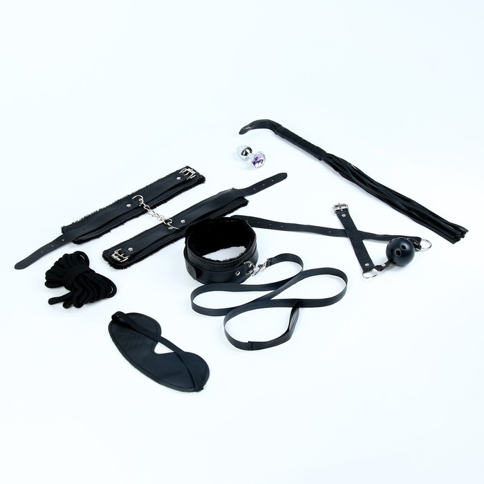 Эротический БДСМ набор, 8 предметов, металл, кожа, черный - Фото 1