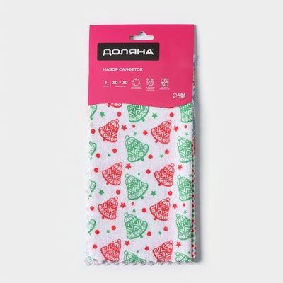 Салфетка для уборки Доляна «С Новым Годом», 3 шт, 220 г/м², 30×30 см, микрофибра