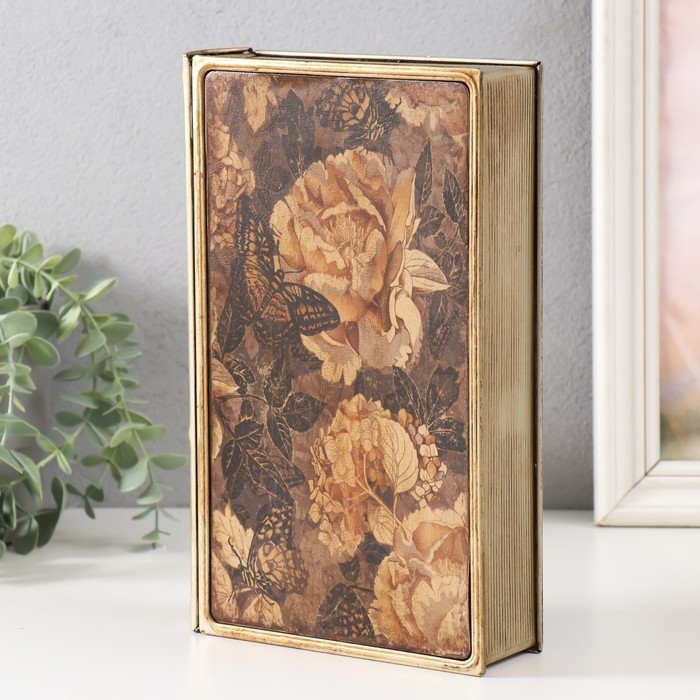 Шкатулка-книга металл, кожзам "Королевские розы и бабочки. Винтаж" 26х16х5 см