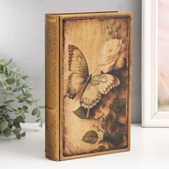 Шкатулка-книга металл, кожзам "Бабочка на букете" 26х16х5 см - Фото 1