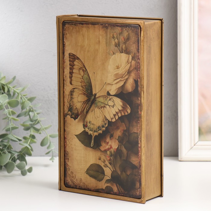 Шкатулка-книга металл, кожзам "Бабочка на букете" 26х16х5 см