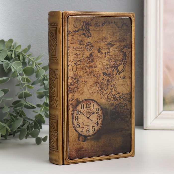 Шкатулка-книга металл, кожзам "Старинная карта и часы" 20х12х4 см - Фото 1