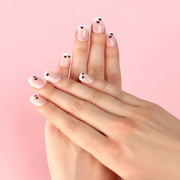 Накладные ногти «Нежность», 24 шт, клеевые пластины, форма квадрат, цвет глянцевый розовый/белый/чёрный - фото 1897670572