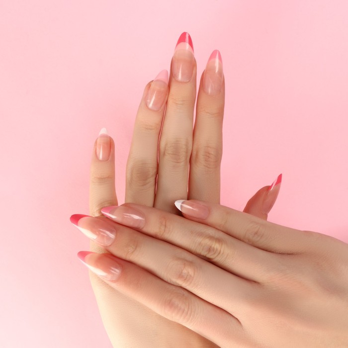 Накладные ногти «Цветной френч», 24 шт, клеевые пластины, форма миндаль, цвет глянцевый розовый/белый - фото 1897670615