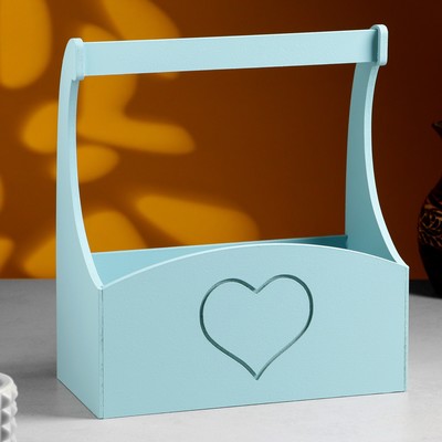 Кашпо деревянное "Symmetric Heart, сердце", с ручкой, 25×12,5×10(28) см Серо-голубо