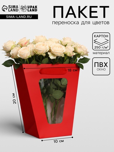 Пакет-переноска для цветов 10×10×20×18 см, красный