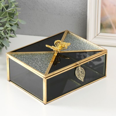 Шкатулка для украшений «Бабочка и лист», стекло с металлическим каркасом, чёрная дымка, 18.7×14.6×9 см