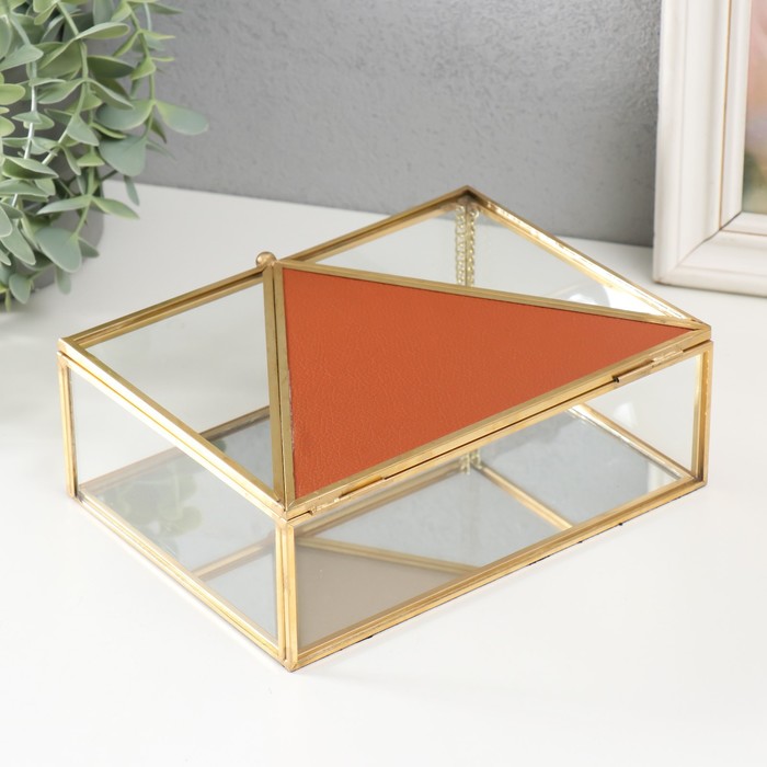 Шкатулка стекло, кожзам с металлическим каркасом "Треугольник" рыжая 18,8х14,7х6,6 см