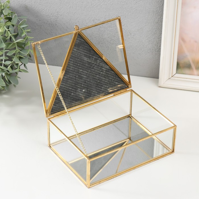 Шкатулка стекло, кожзам с металлическим каркасом "Треугольник" чёрная 18,8х14,7х6,6 см