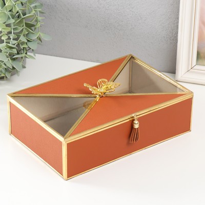 Шкатулка для украшений «Бабочка», стекло, кожзам с металлическим каркасом, рыжая, 24×16.5×8 см