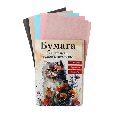 Бумага для акварели, пастели, гуаши, темперы А4, 20 листов, блок 200 г/м², 5 цветов, в папке