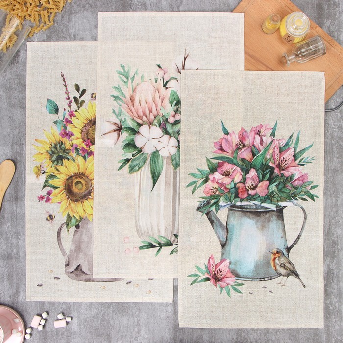 Набор полотенец Этель «Букеты» 45×70 см - 3 шт., репс 167 г/м², хлопок - Фото 1