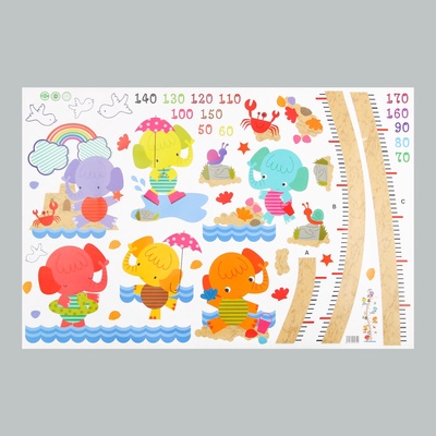 Ростомер - наклейка интерьерная цветная «Слонята», пластик, 60×90