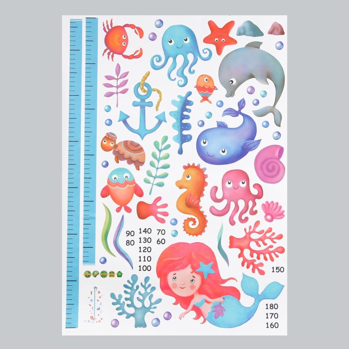 Наклейка пластик интерьерная цветная ростомер "Русалочка в море" 50x70 см