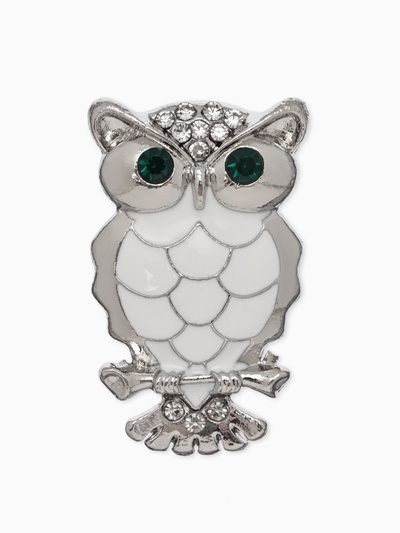 Брошь «Сова», цвет зелёно-белый в серебре